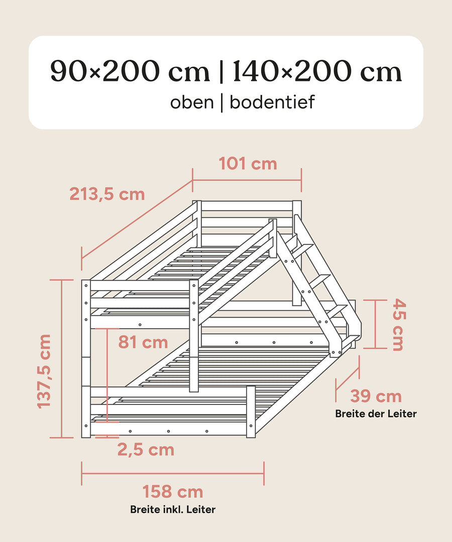 Größengrafik Kombi-Etagenbett Vento bodentief.