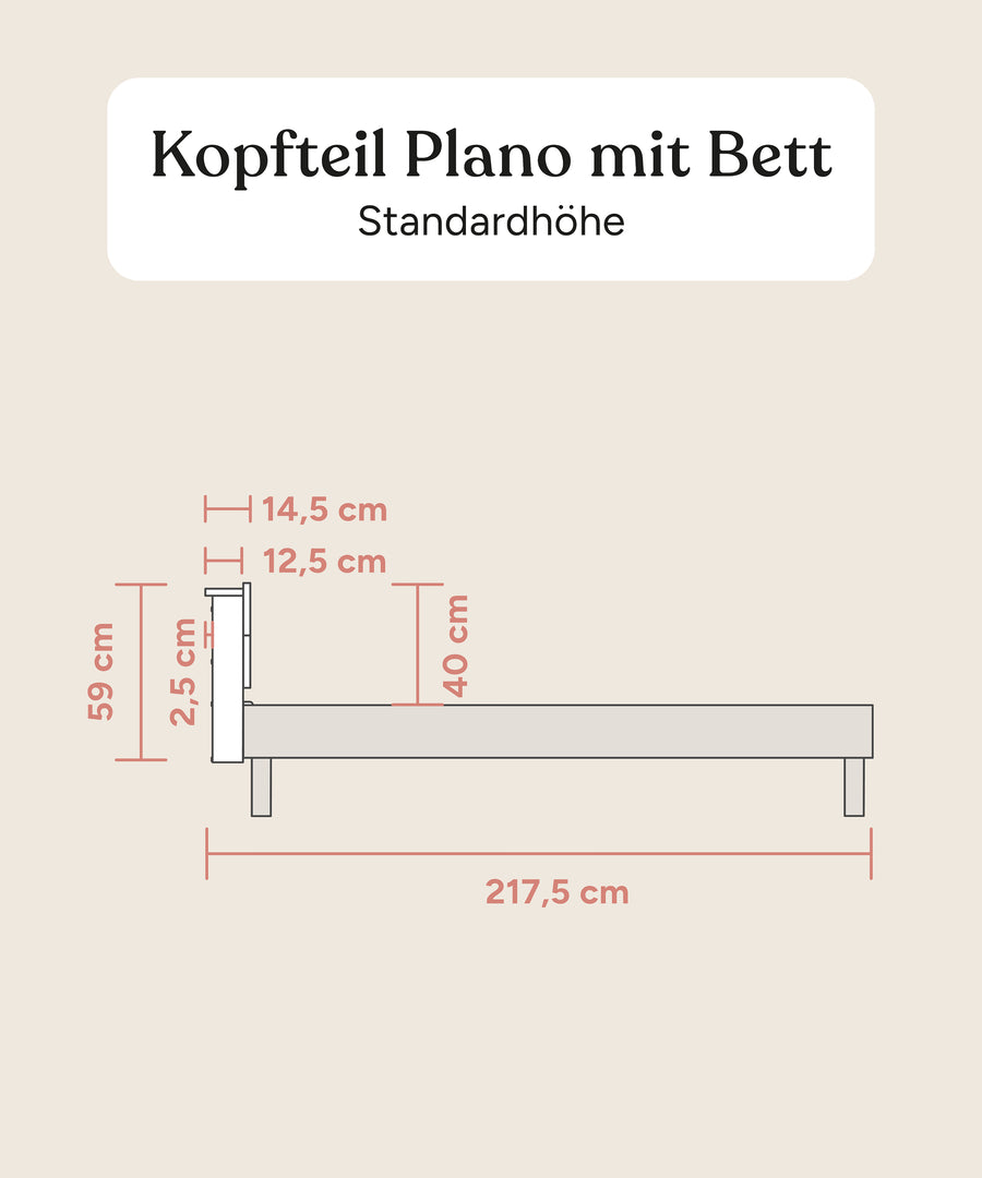 Größengrafik Plano Kopfteil mit Bett standardhoch aufgebaut.
