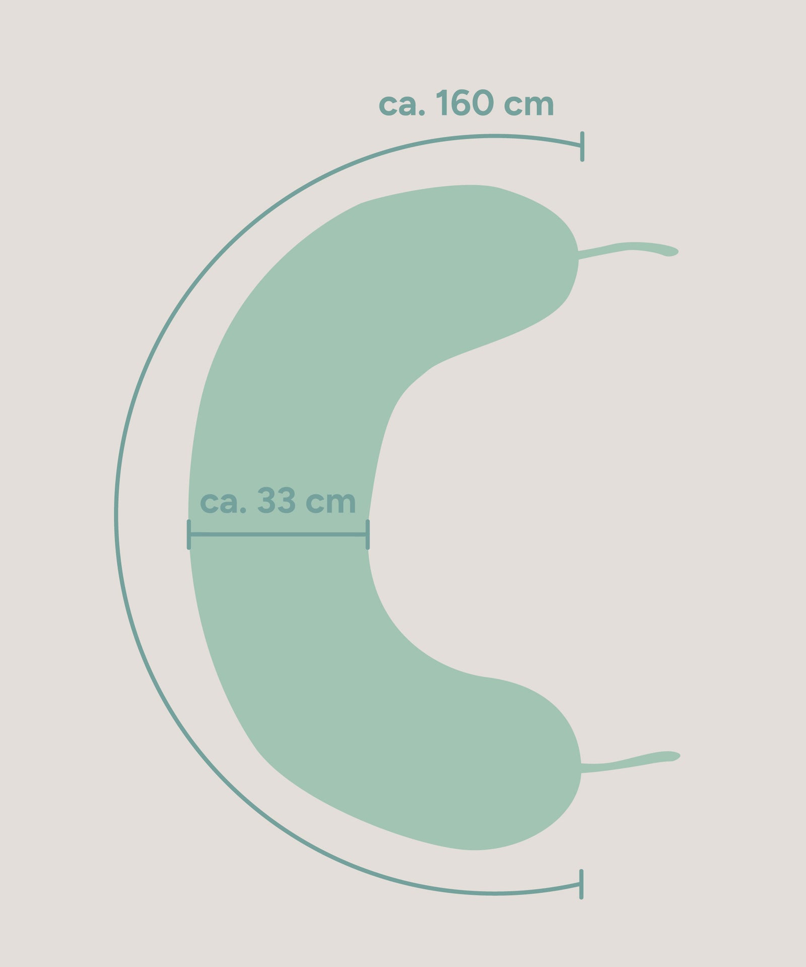 Größengrafik mit Maßen des Stillkissens: ca. 160 × 33 cm.