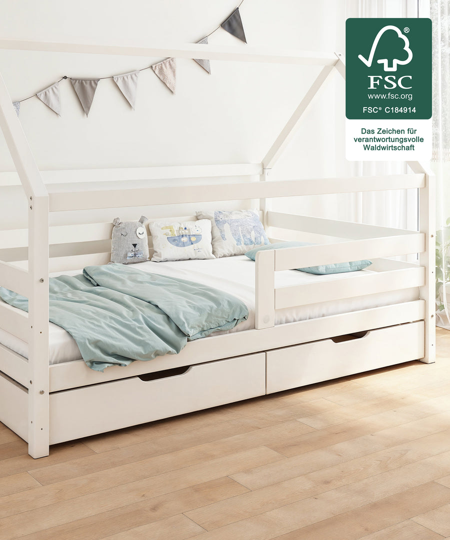 Hausbett mit zwei Liegehöhen für bodennahes Schlafen oder mehr Stauraum