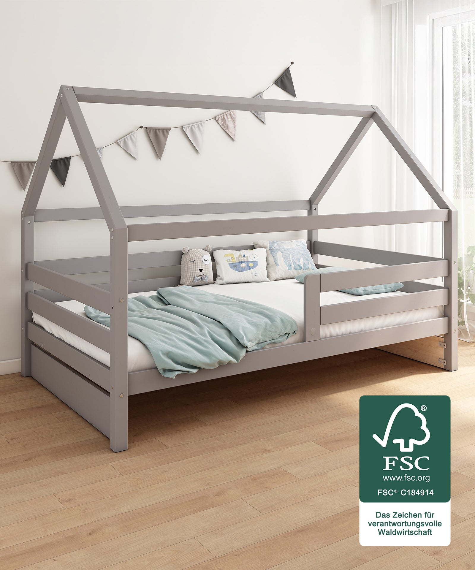 Hausbett Sona Grau 120x200 cm ist FSC zertifiziert.