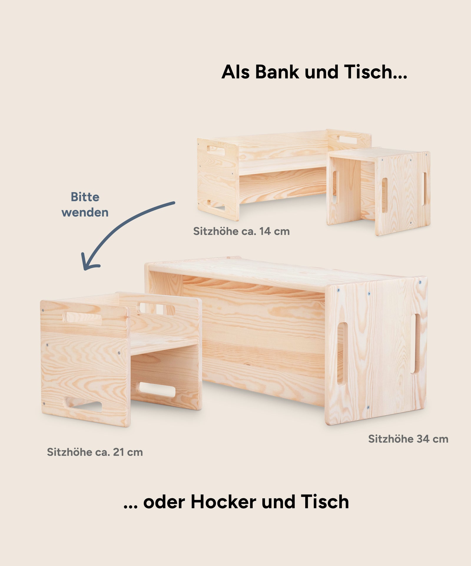 Hocker und Bank können als Wendemöbel genutzt werden.