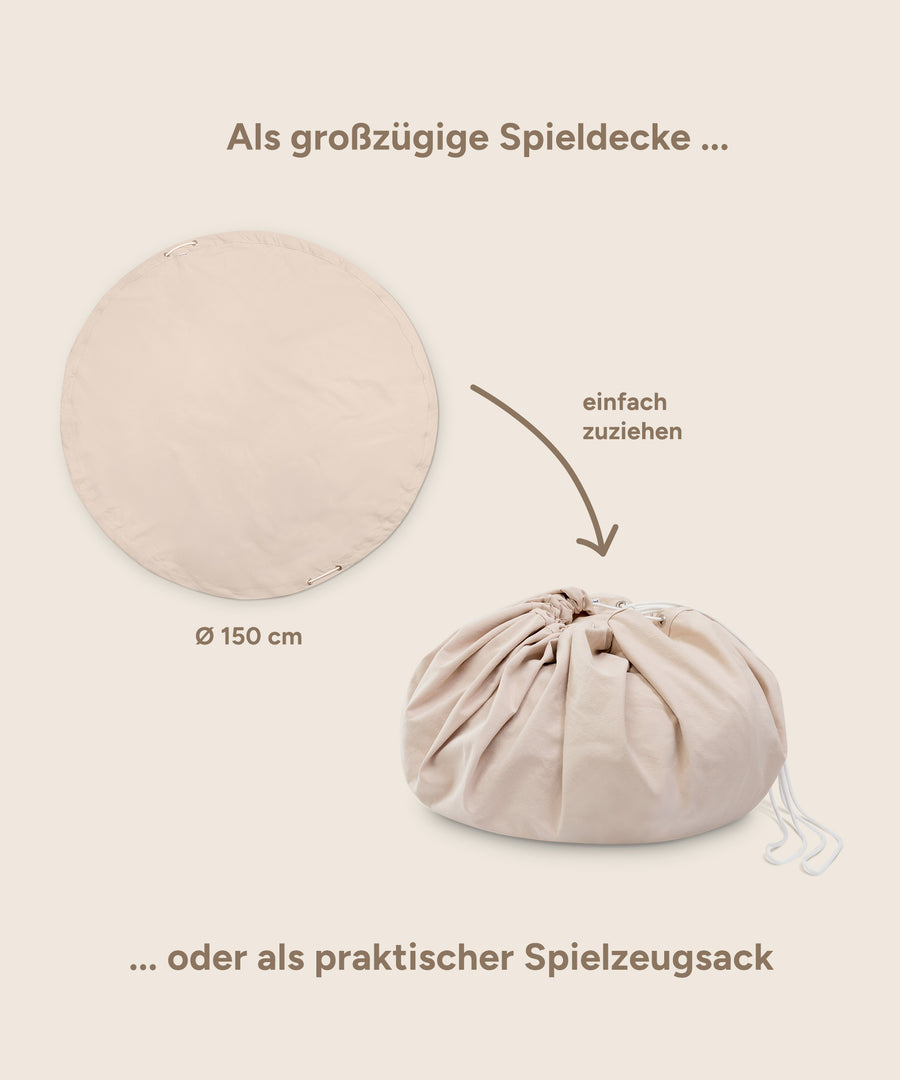 2in1 Spieldecke und Spielzeugsack für Kinder zur spielerischen Aufbewahrung.