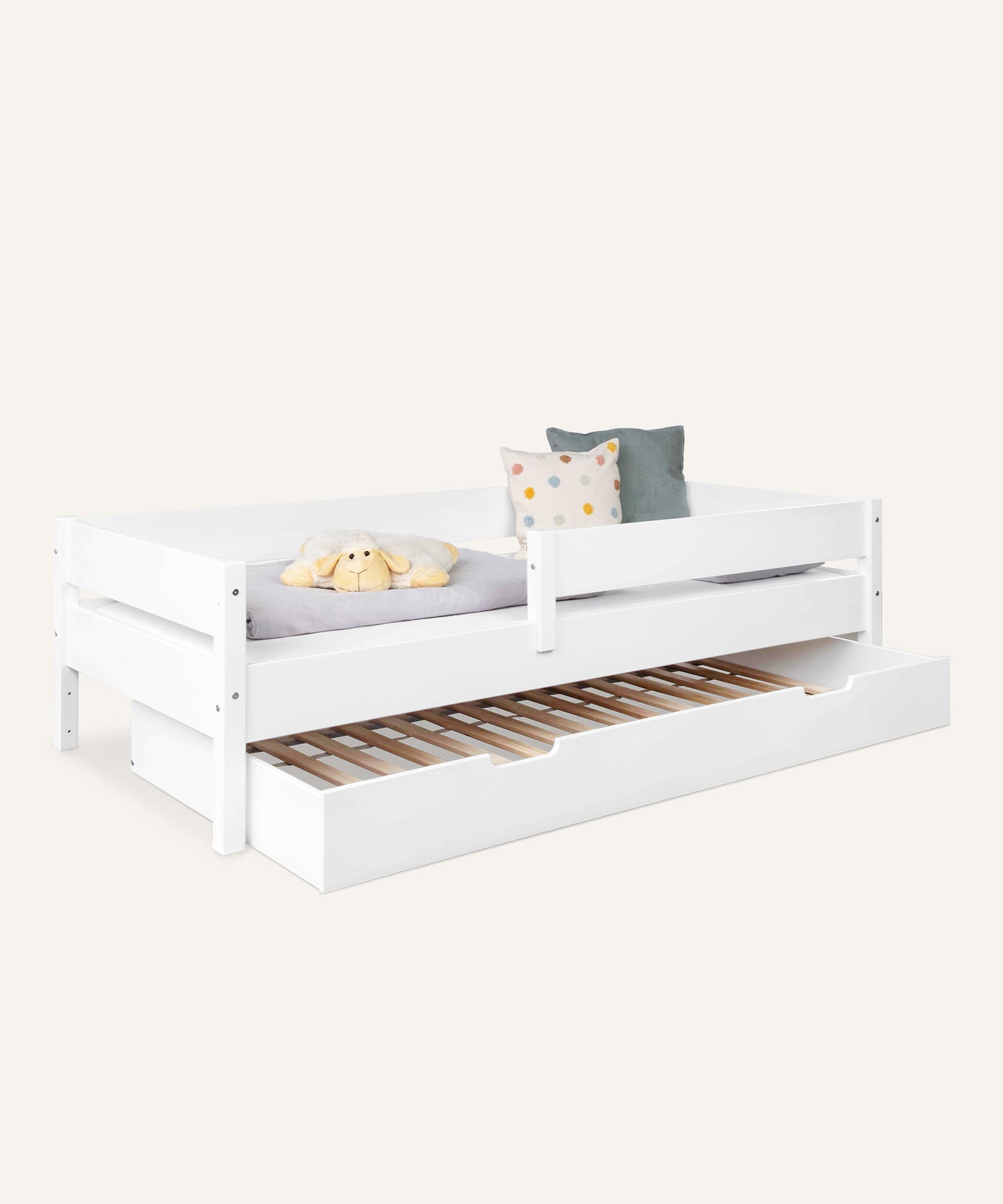 Ehrenkind Kinderbett Buche mit Bettkasten weiß 90 × 200 cm.