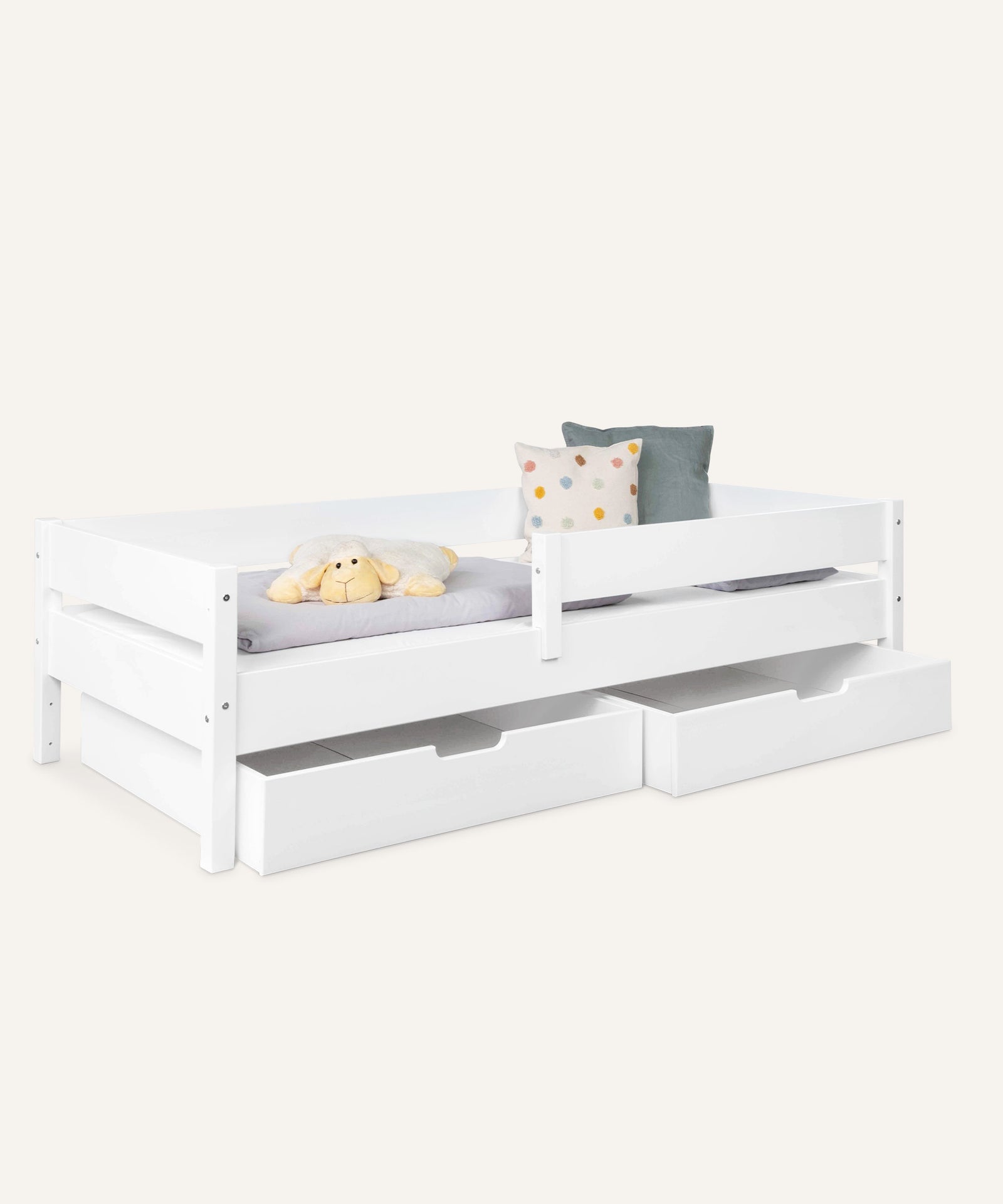 Ehrenkind Kinderbett Buche mit Schubladen weiß 90 × 200 cm.