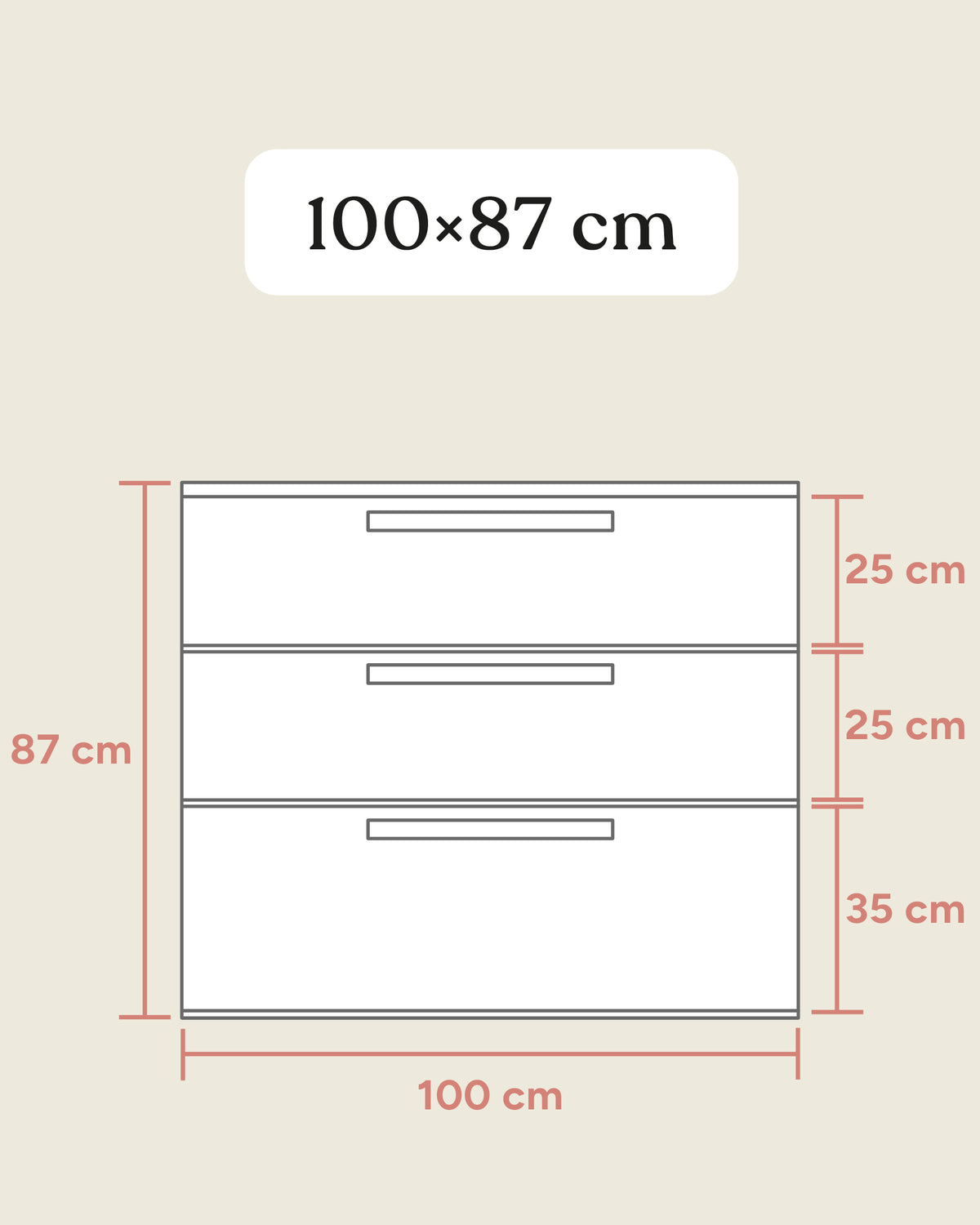Größengrafik Kommode mit Rollschublade Frontal.
