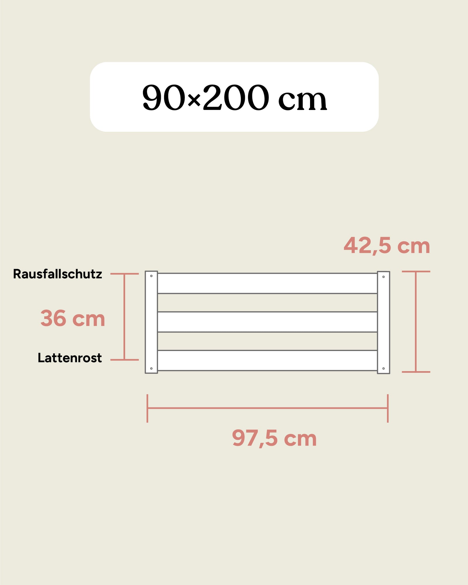 Bodenbett Kiefer 90x200 Maße Frontansicht.