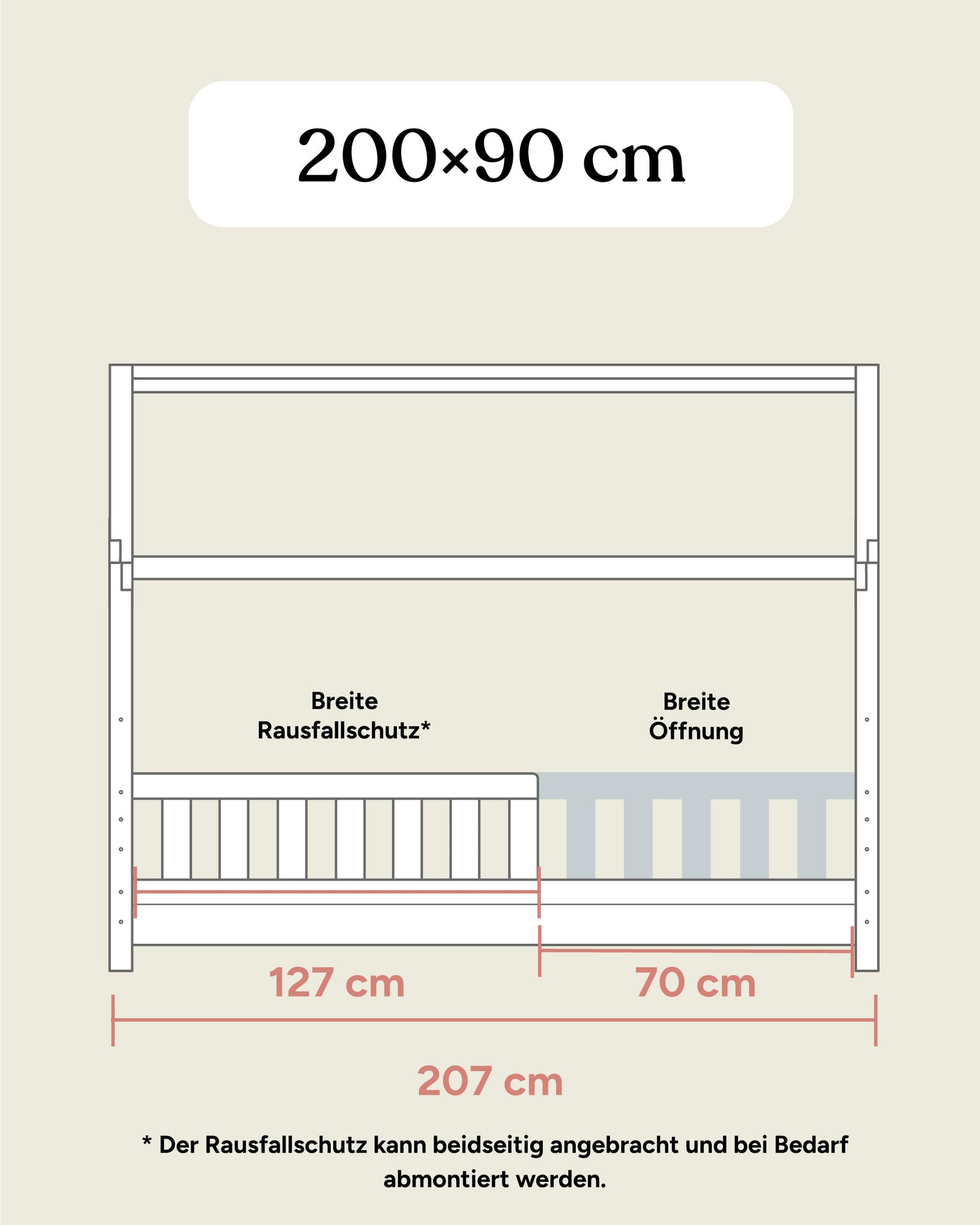 Maßangaben Hausbett Kiefer 200x90 cm bodennah montiert Frontansicht.
