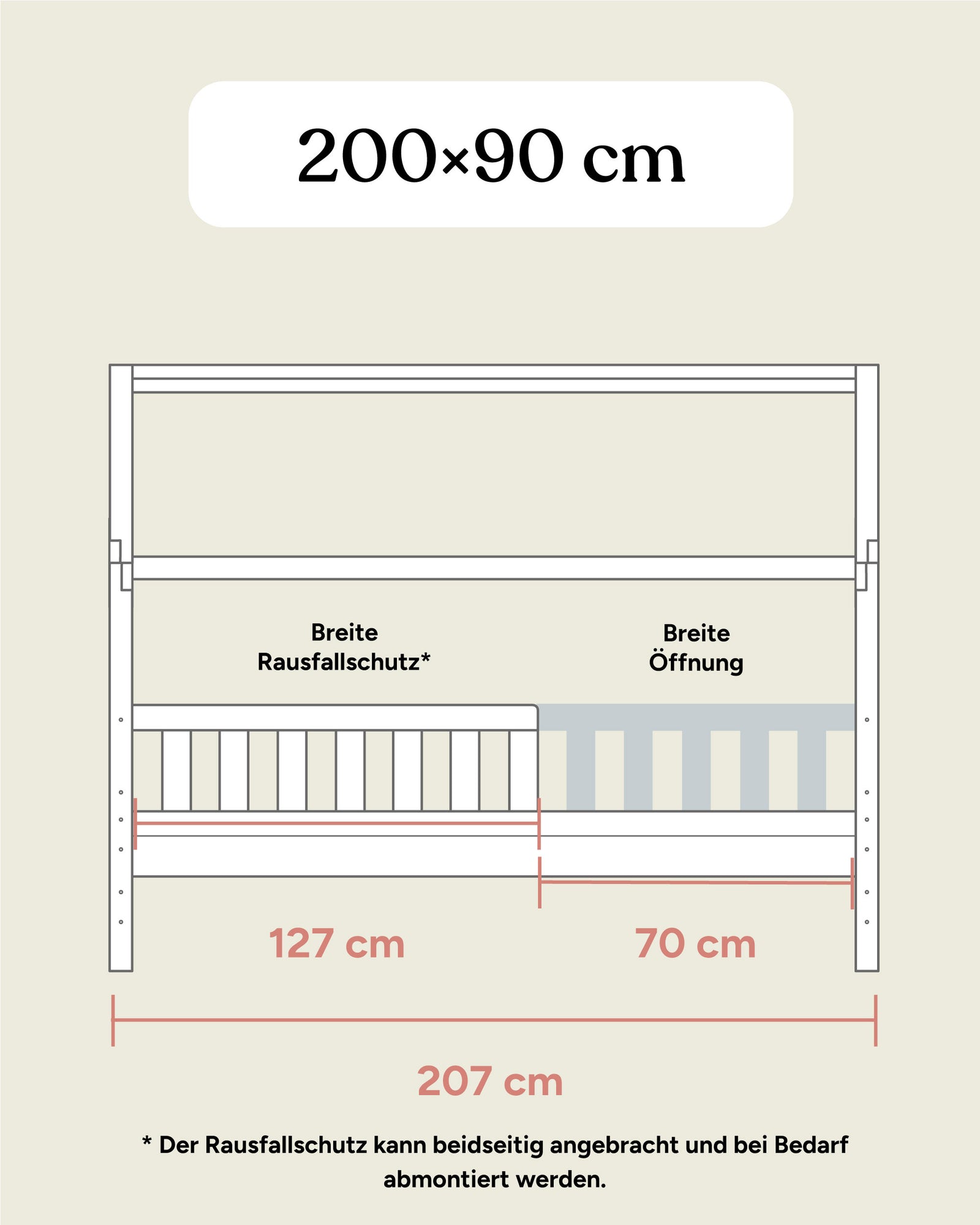Maßangaben Hausbett Kiefer 200x90 cm Frontansicht.