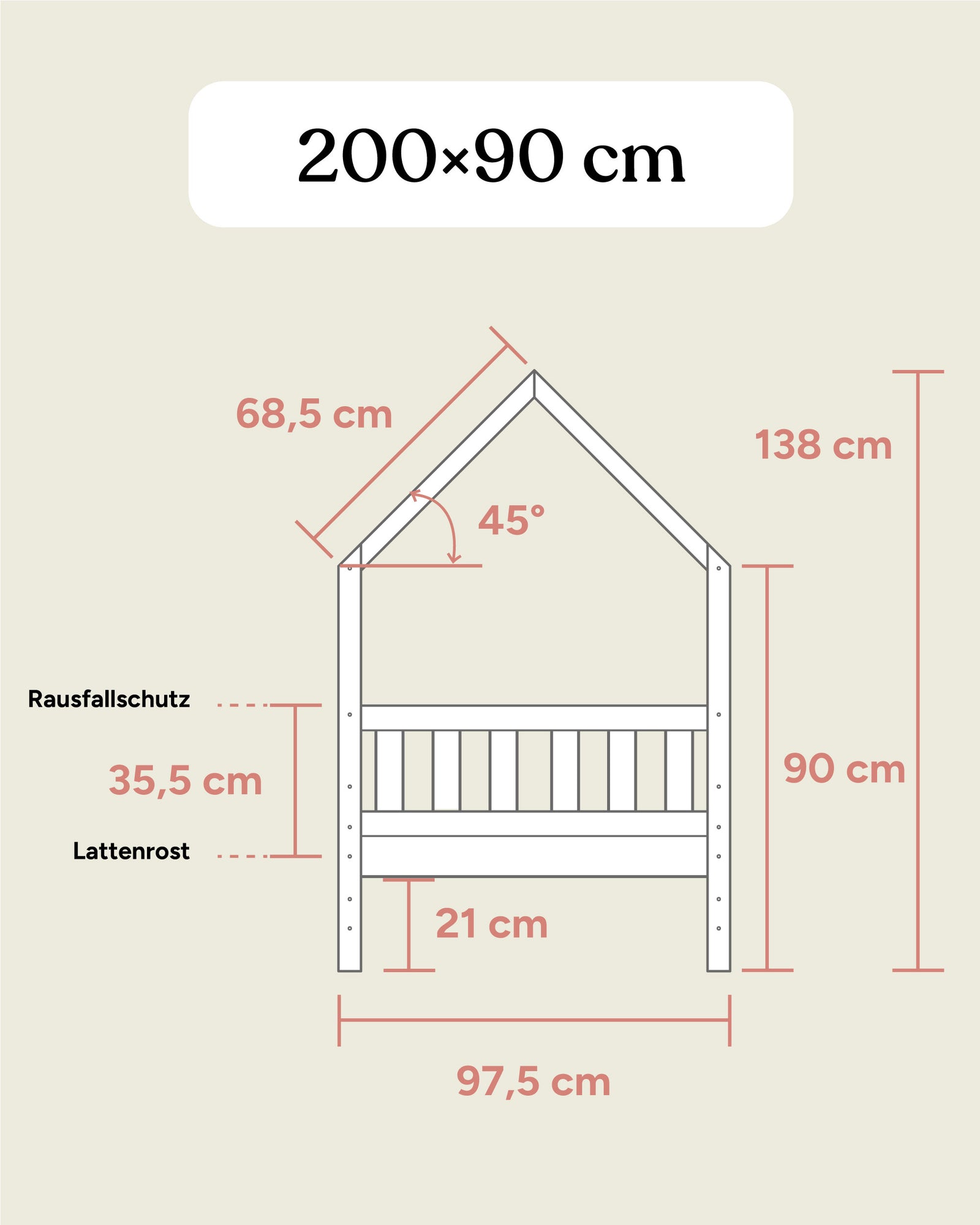 Maßangaben Hausbett Kiefer 200x90 cm Seitenansicht.
