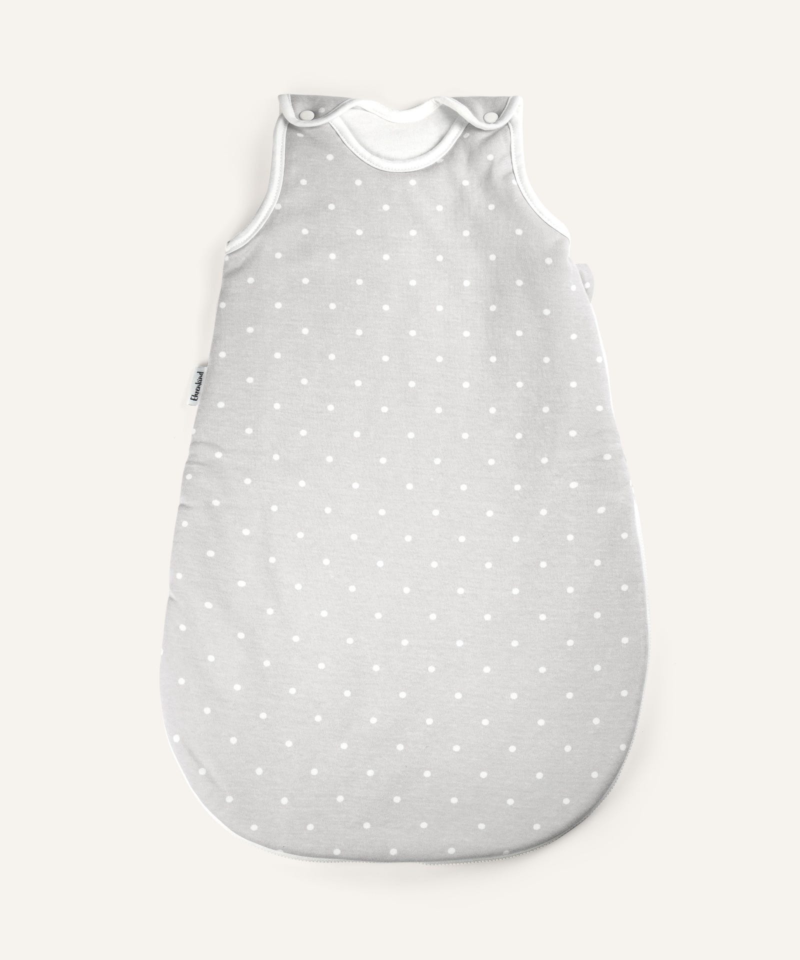 Baby-Schlafsack ganzjährig rund Grau weiße Punkte.