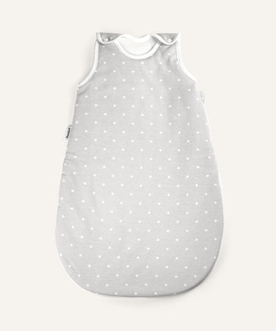 Baby-Schlafsack ganzjährig rund Grau weiße Punkte.