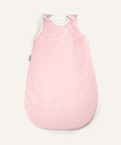 Baby-Schlafsack ganzjährig rund Rosa weiße Punkte.