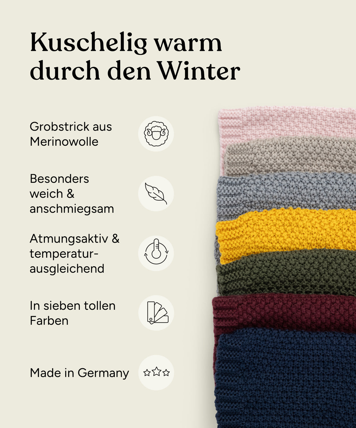 Vorteile des Schlauchschals: Grobstrick Merino-Schurwolle, weich & warm, atmungsaktiv & temperaturausgleichend, sieben Farben, made in Germany.