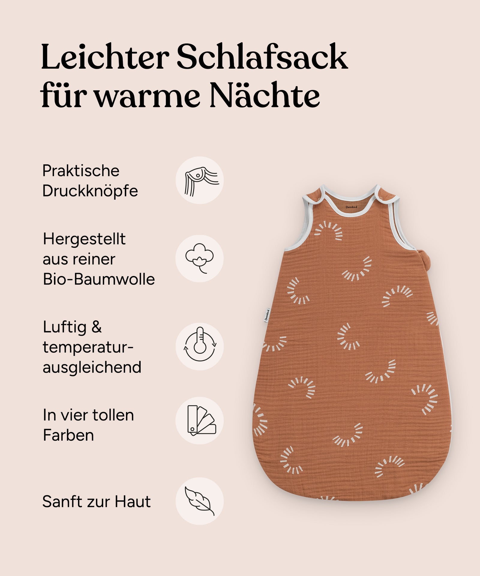 USP-Grafik mit Vorteilen des Sommerschlafsacks aus Musselin 0.5 TOG.