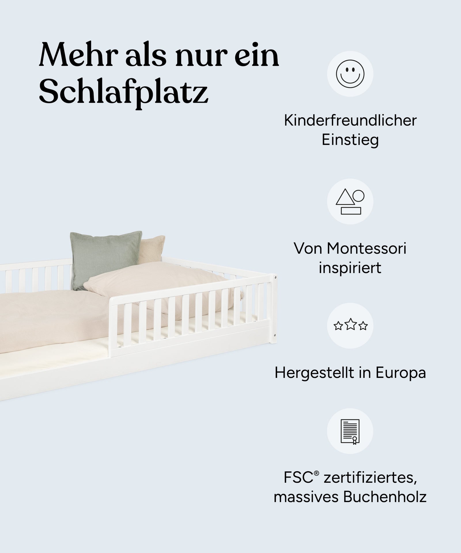 Vorteile-Grafik Bodenbett  Livo Buche Weiß