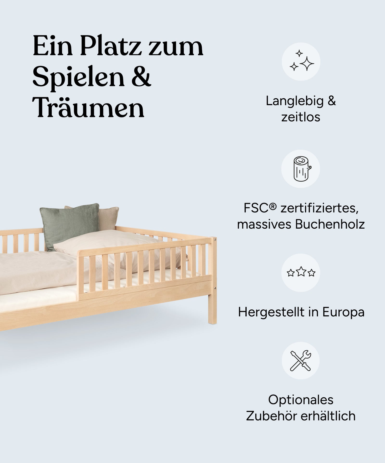 Vorteile-Grafik Kinderbett  Livo Buche Natur.
