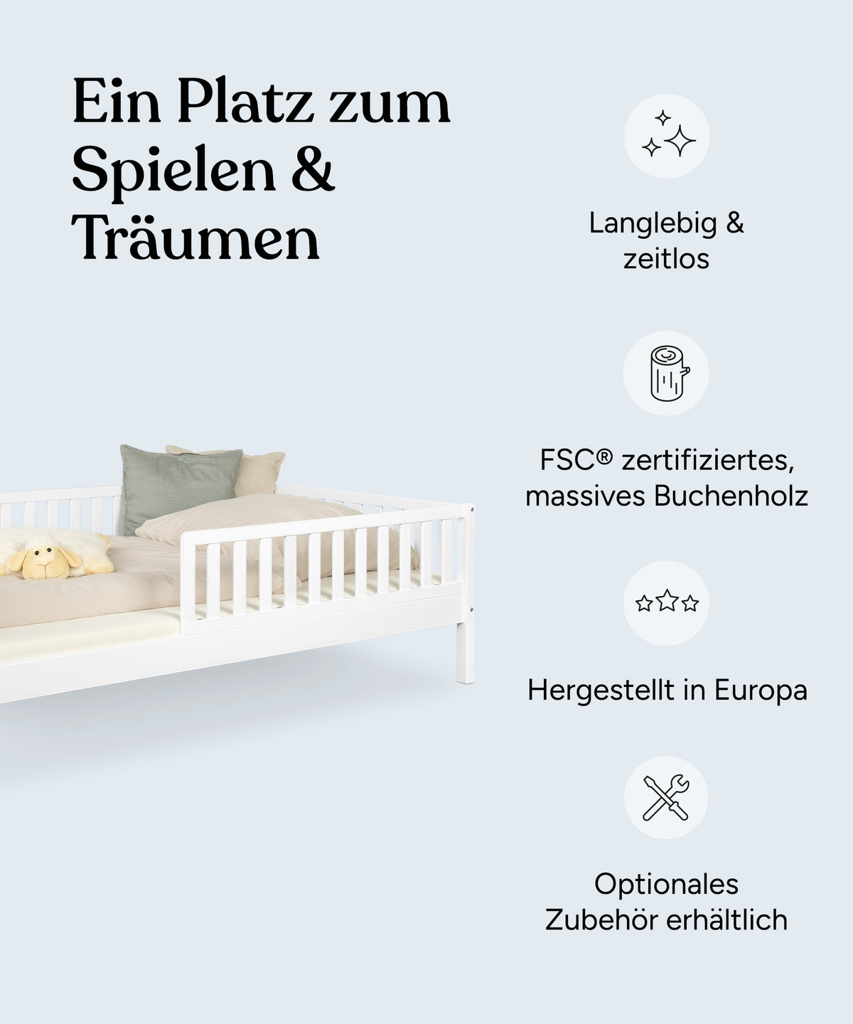 Vorteile-Grafik Bodenbett  Livo Buche Weiß 90 und 120 cm.