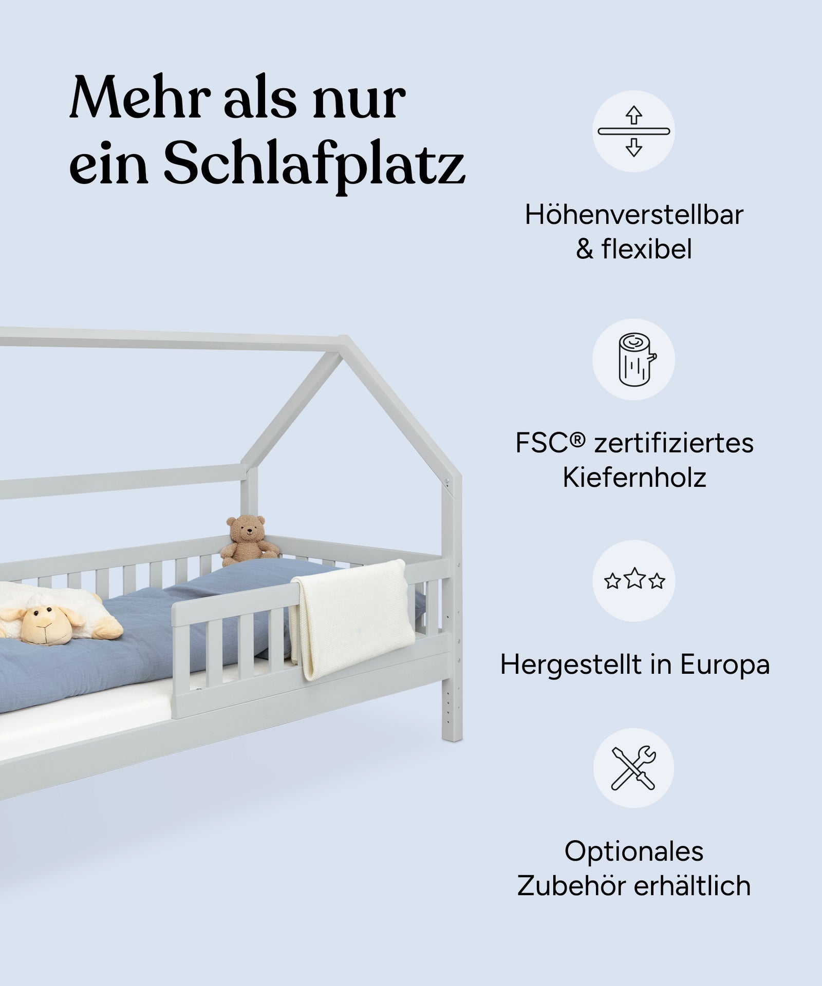 Vorteile Hausbett Kiefer Hellgrau.