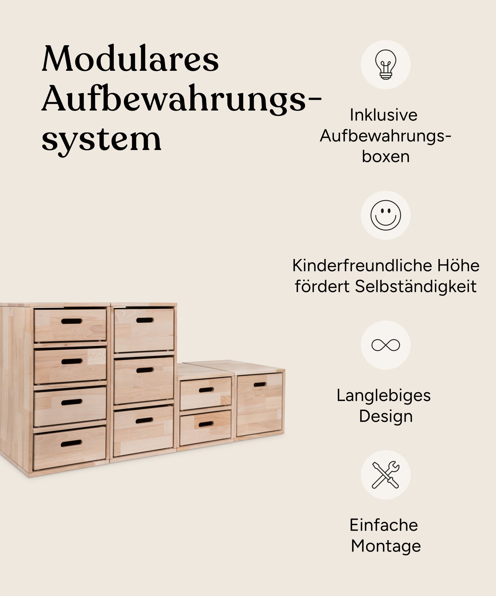 Vorteile Aufbewahrungssystem mit Boxen.