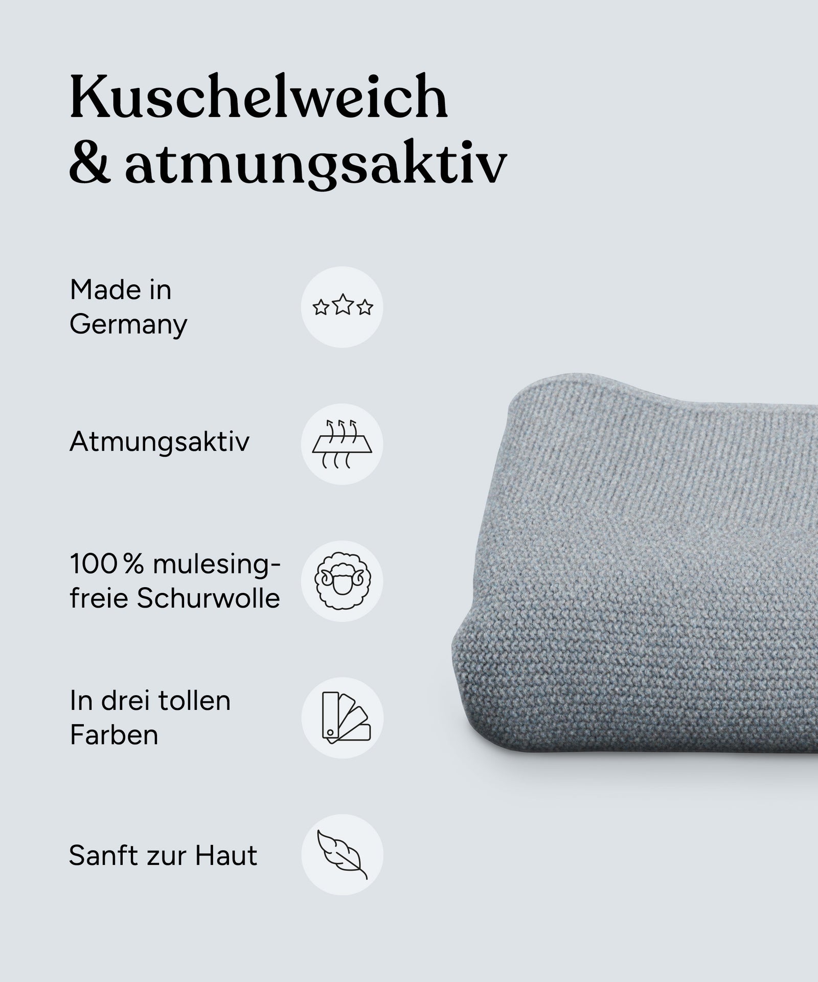 Vorteile Babydecke aus Bio-Lammwolle: Made in Germany, atmungsaktiv, 100 % mulesingfreie Schurwolle, in drei tollen Farben, sanft zur Haut.