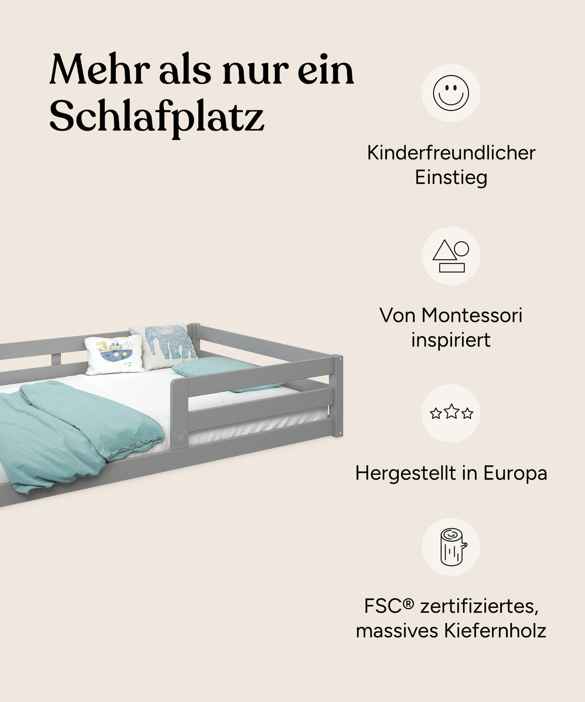 Vorteile von Bodenbett Sona 120x200 cm Grau.