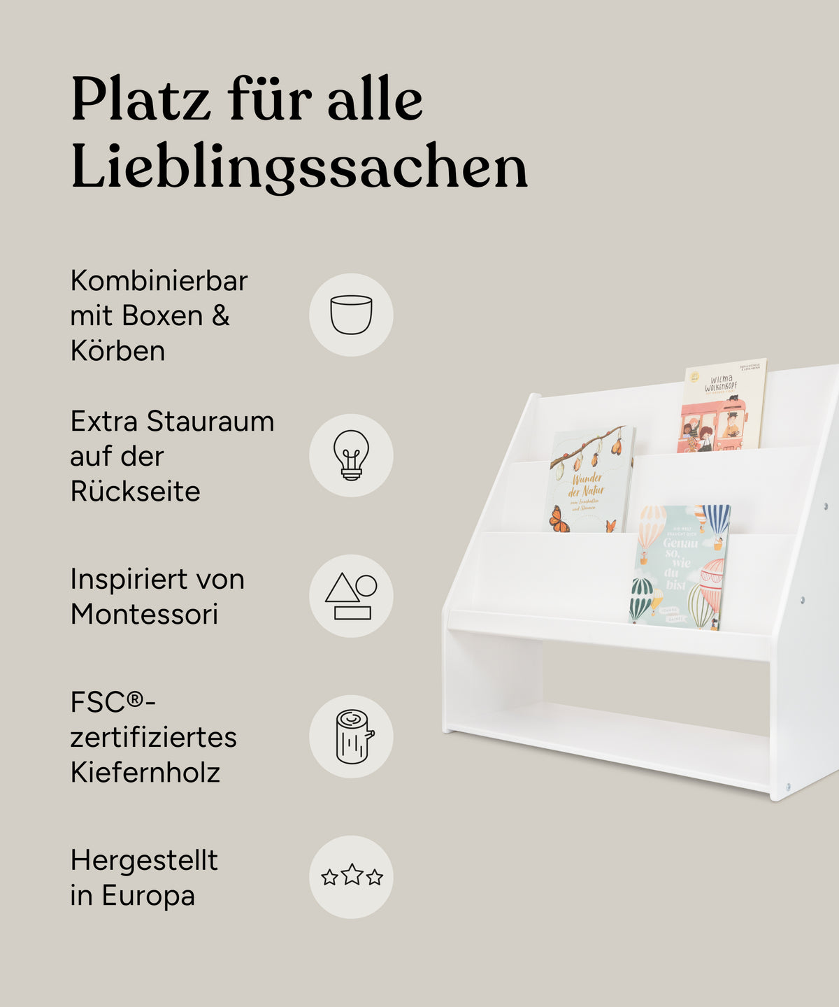 Grafik: Vorteile Bücherregal mit Stauraum.