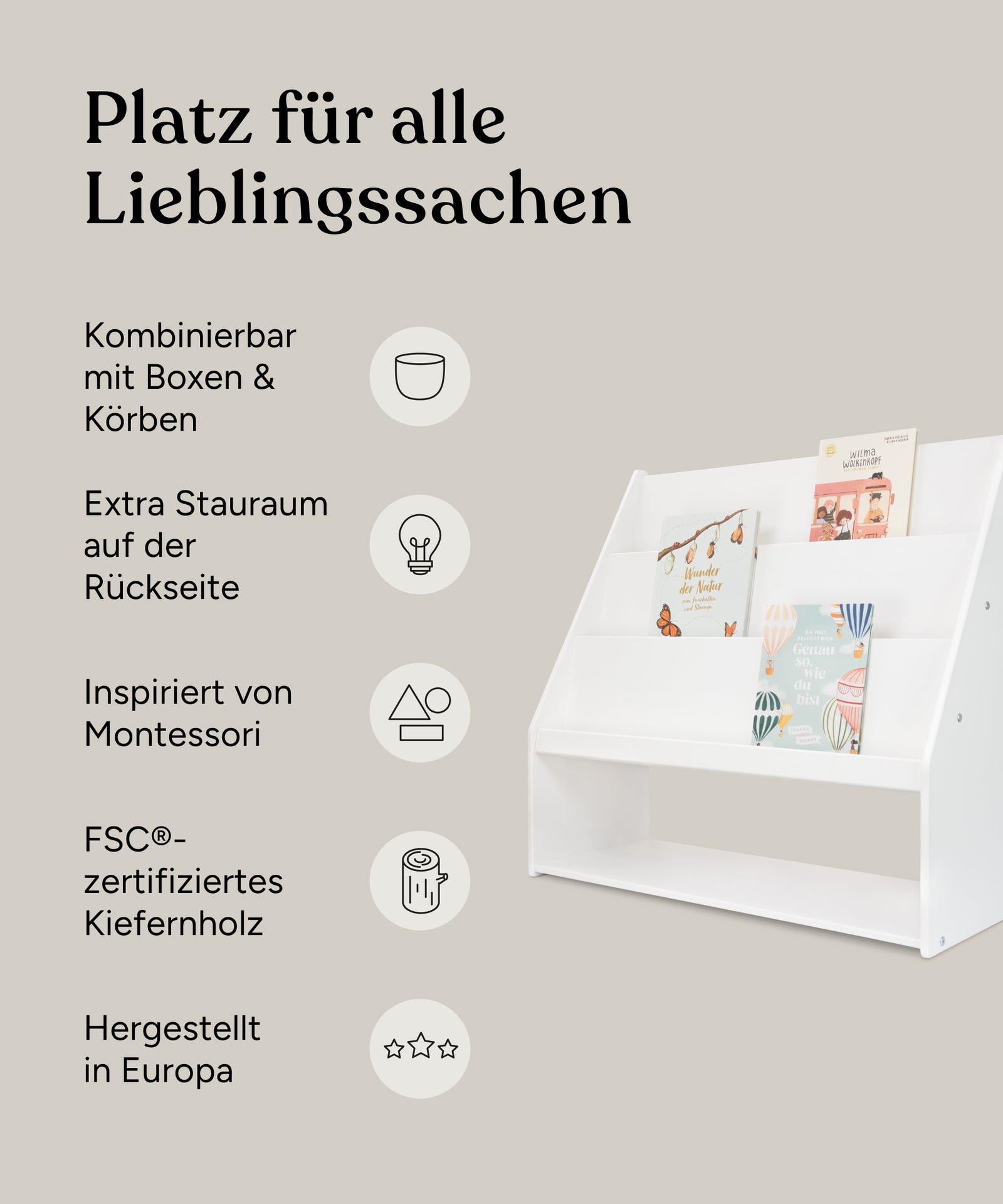 Grafik: Vorteile Bücherregal mit Stauraum.