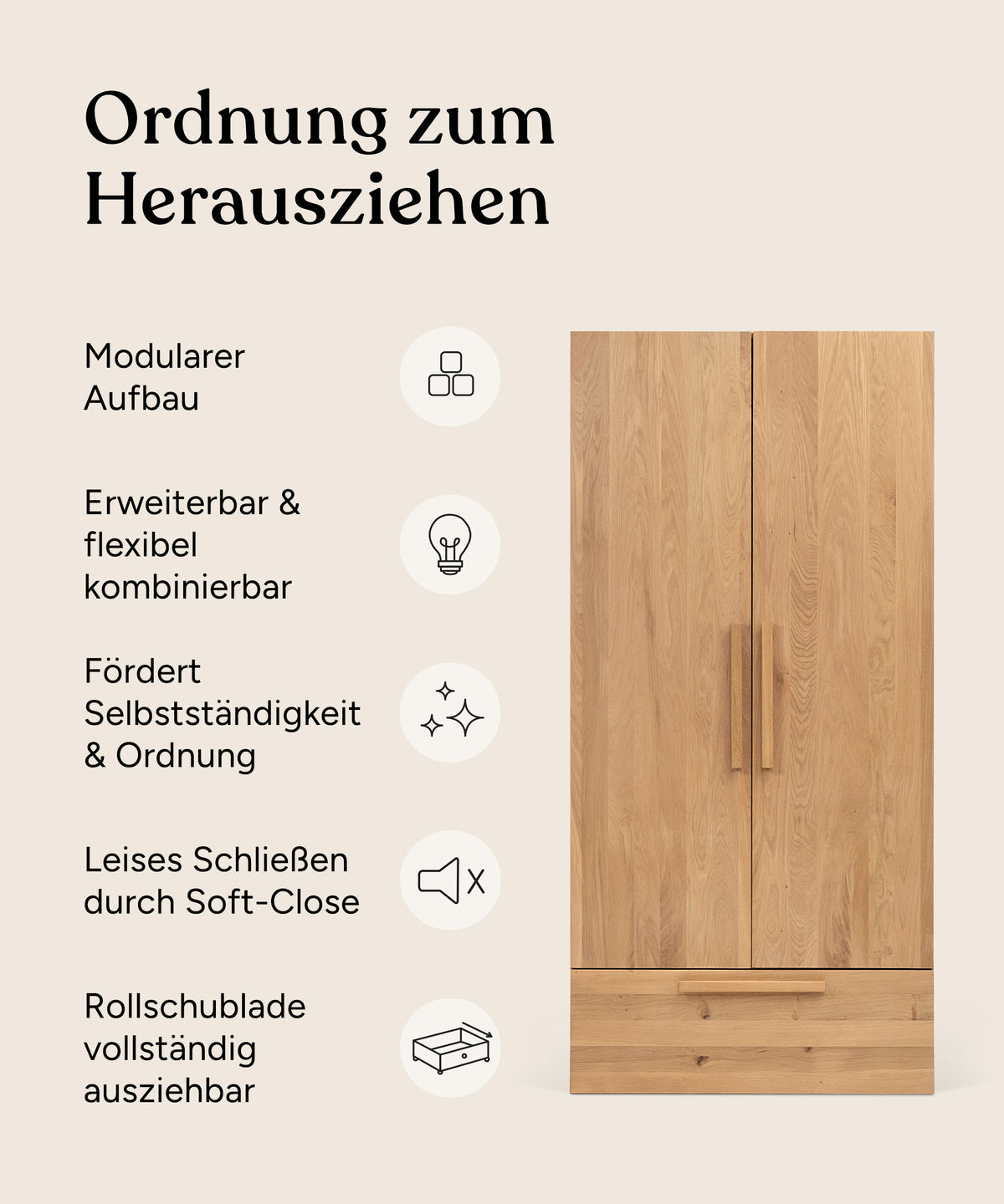 Vorteile Kleiderschrank Linia Eiche 100 cm mit Rollschublade.
