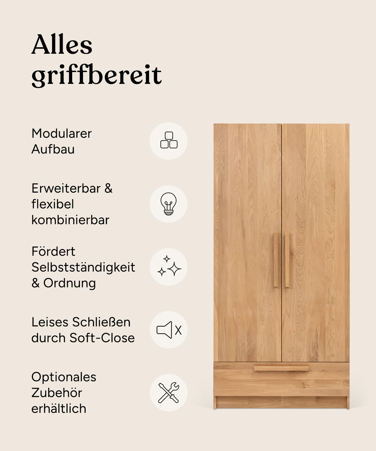 Vorteile Kleiderschrank Linia Eiche 100 cm mit Schublade.