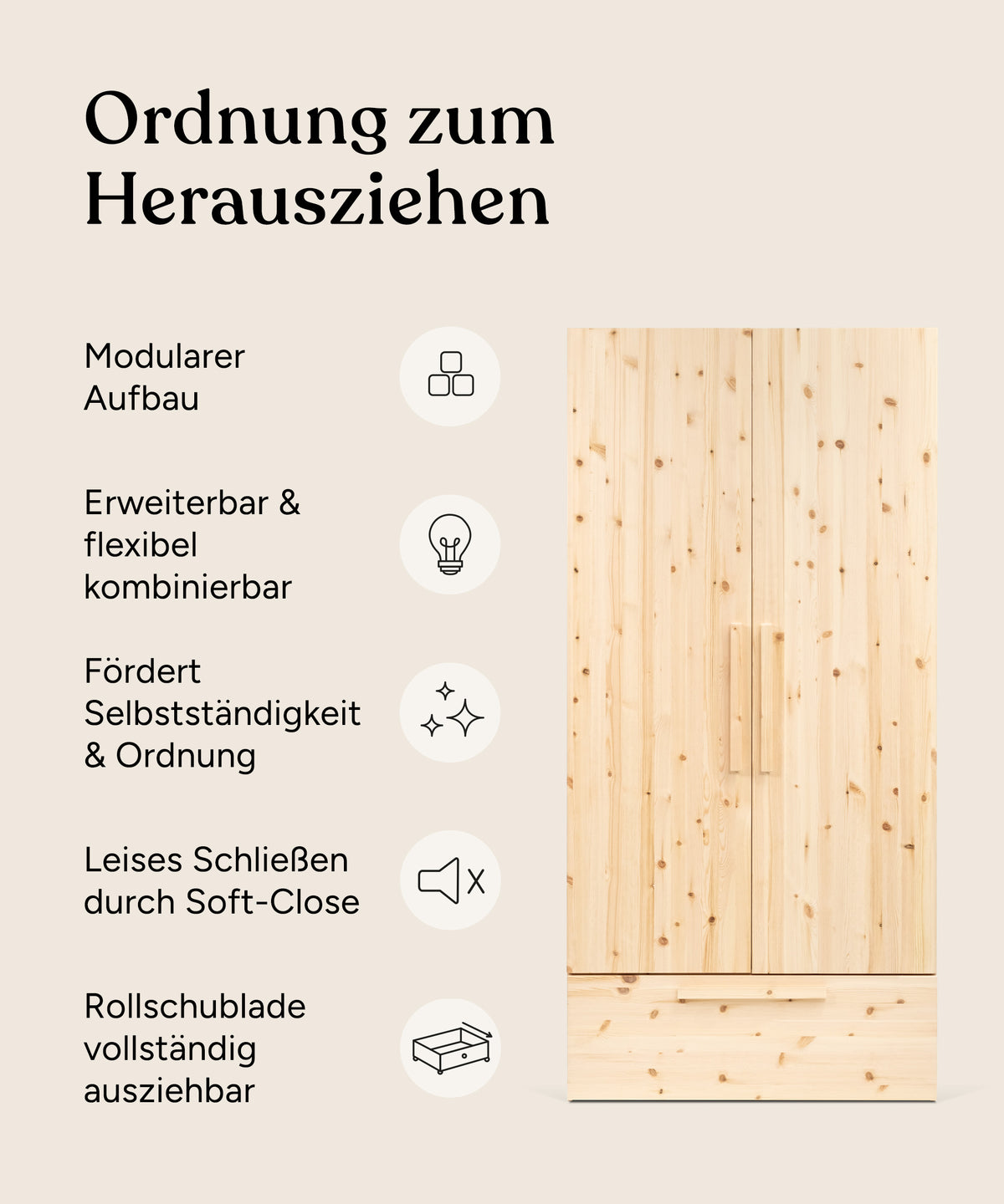 Vorteile Kleiderschrank Linia Kiefer 100 cm mit Rollschublade.