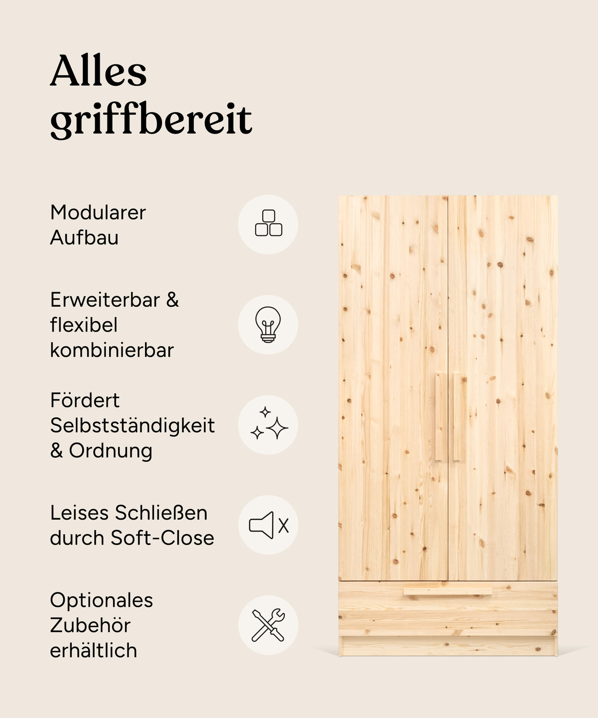 Vorteile Kleiderschrank Linia Kiefer 100 cm mit Schublade.