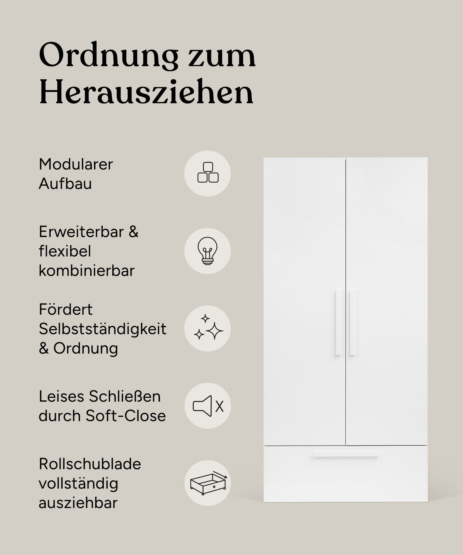 Vorteile Kleiderschrank Linia Kiefer Weiß 100 cm mit Rollschublade.