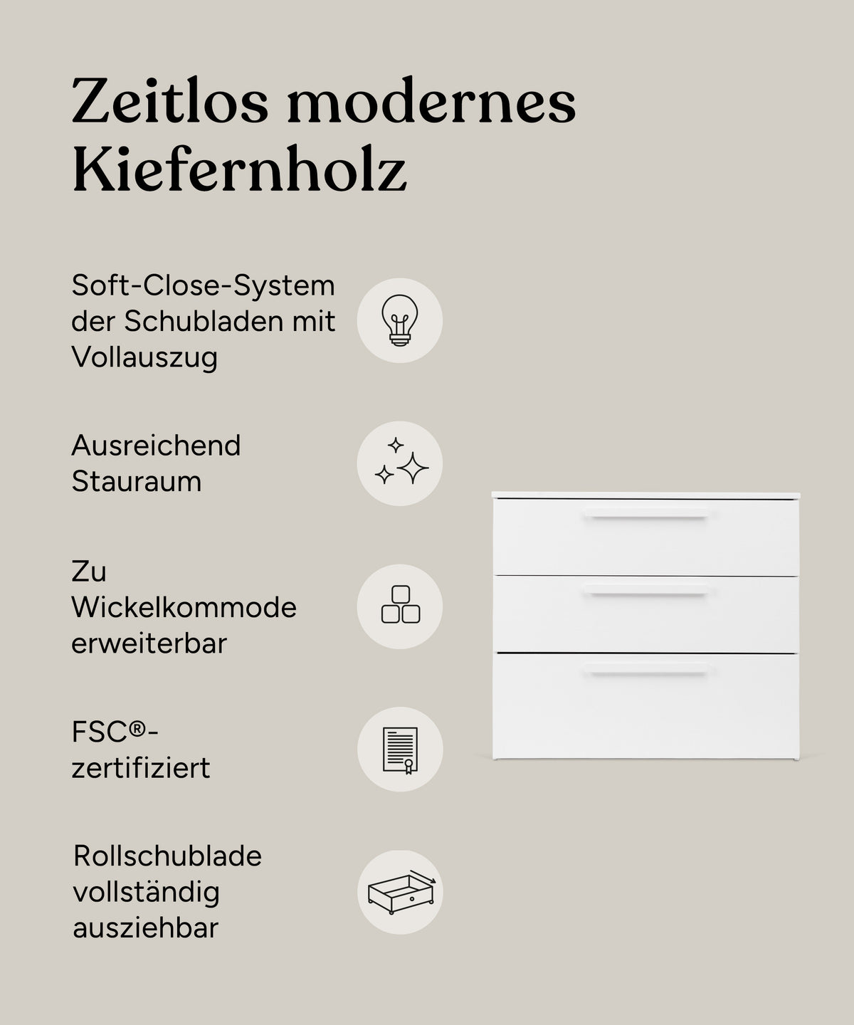 Vorteile Kommode Linia Kiefer Weiß mit Rollschublade.