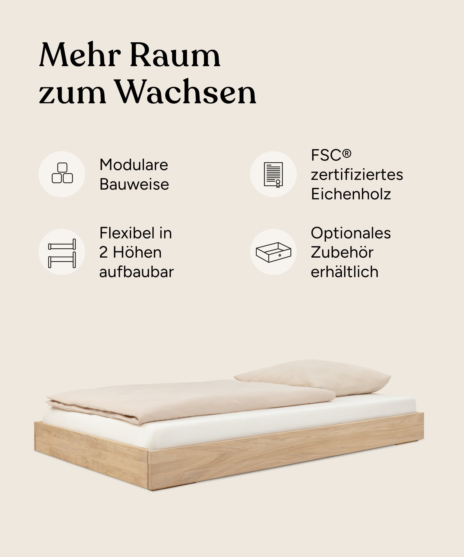 Vorteile Plano Jugendbett Eiche 120x200 cm und 140x200 cm.