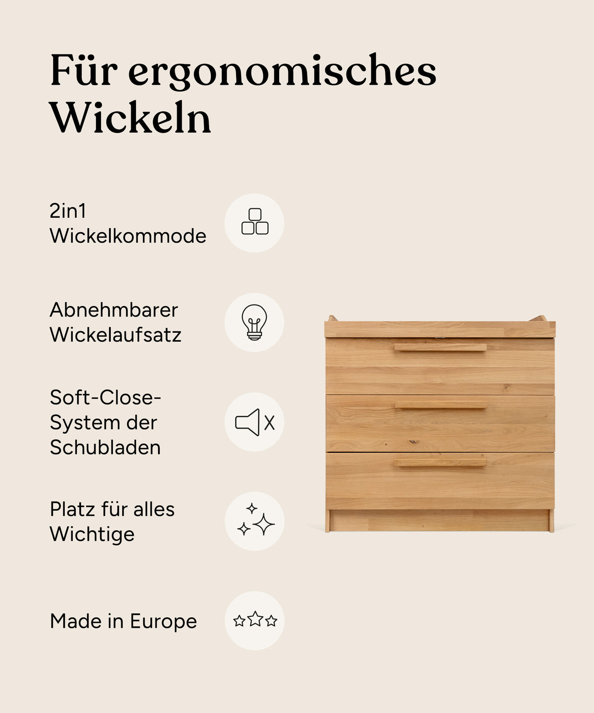 Vorteile Wickelkommode Linia Eiche mit drei Schubladen.