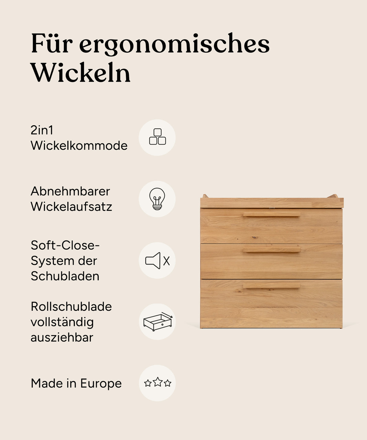 Vorteile Wickelkommode Linia Eiche mit Rollschublade.