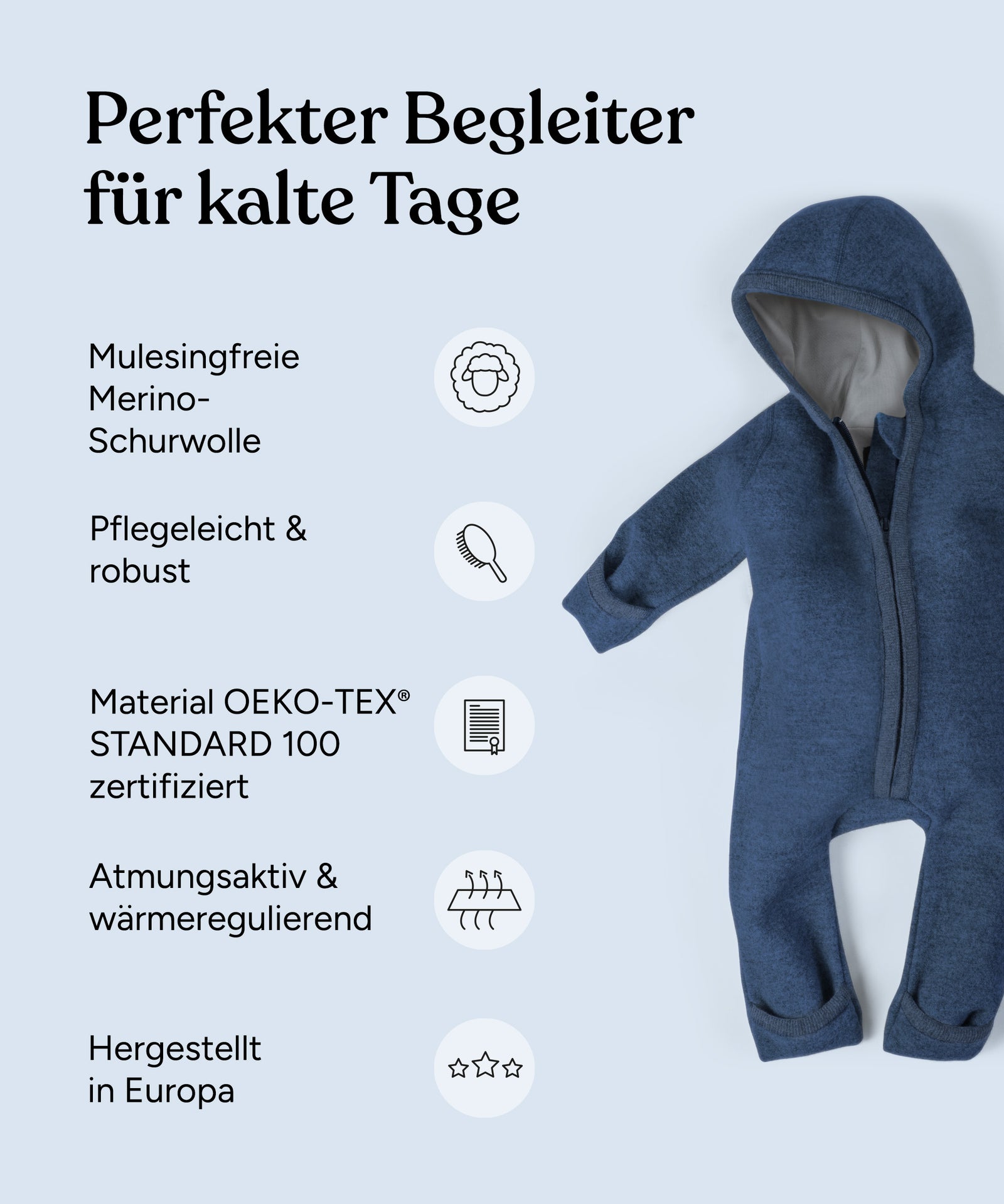 Vorteile Walkoverall: Mulesingfreie Merino-Schurwolle, pflegeleicht und robust, Material OEKO-TEX STANDARD 100 zertifiziert, atmungsaktiv und wärmeregulierend, hergestellt in Europa.