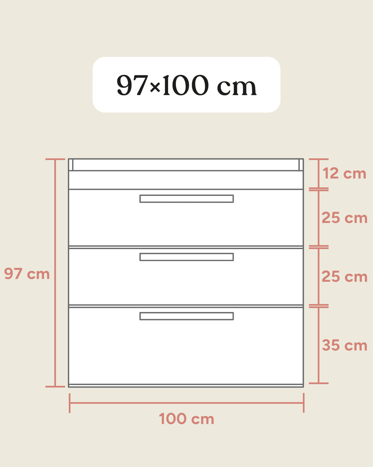 Größengrafik Wickelkommode mit Rollschublade Frontal.