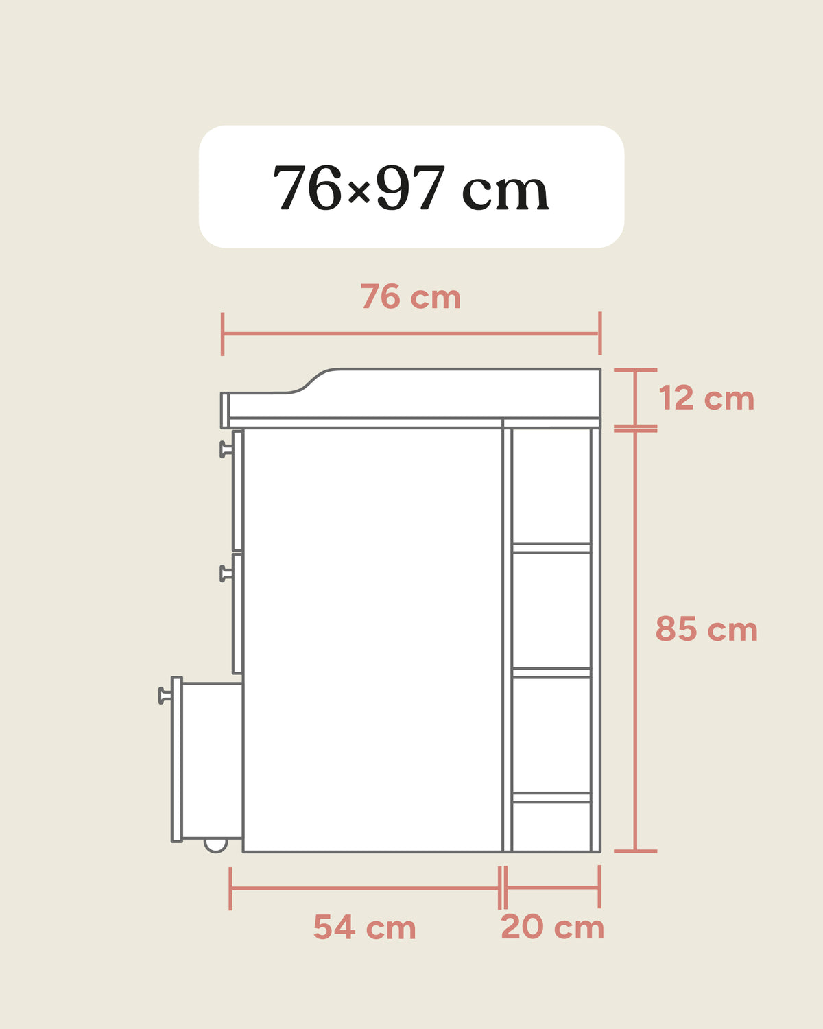 Größengrafik Wickelkommode mit Rollschublade Seitlich.