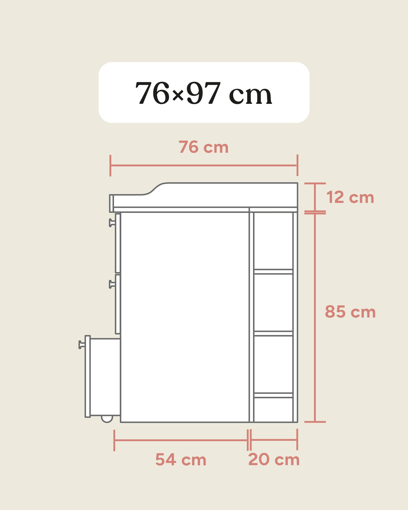 Größengrafik Wickelkommode mit Rollschublade Seitlich.